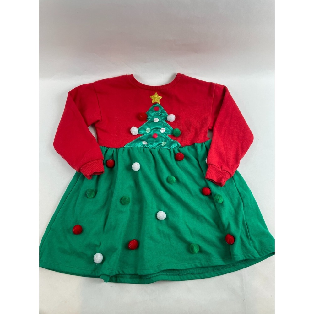 Mad Engine Dress Girl's Size Small Red Green Light Up Christmas Tree Pom Poms